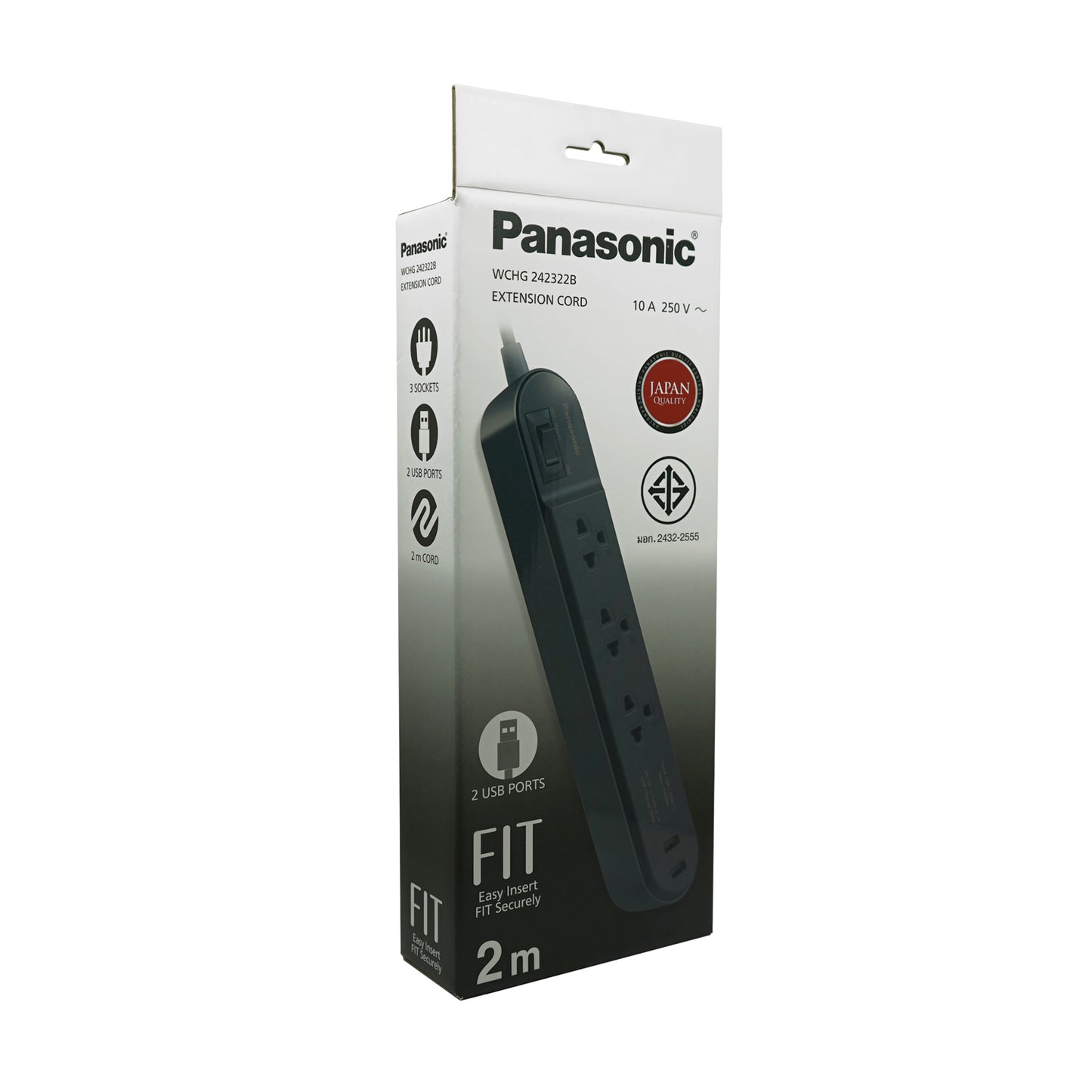 Panasonic ปลั๊กพ่วง PERFECT FIT USB 2 Port ( สีดำ ) 3 เต้ารับ 1 สวิตช์คุมรวม