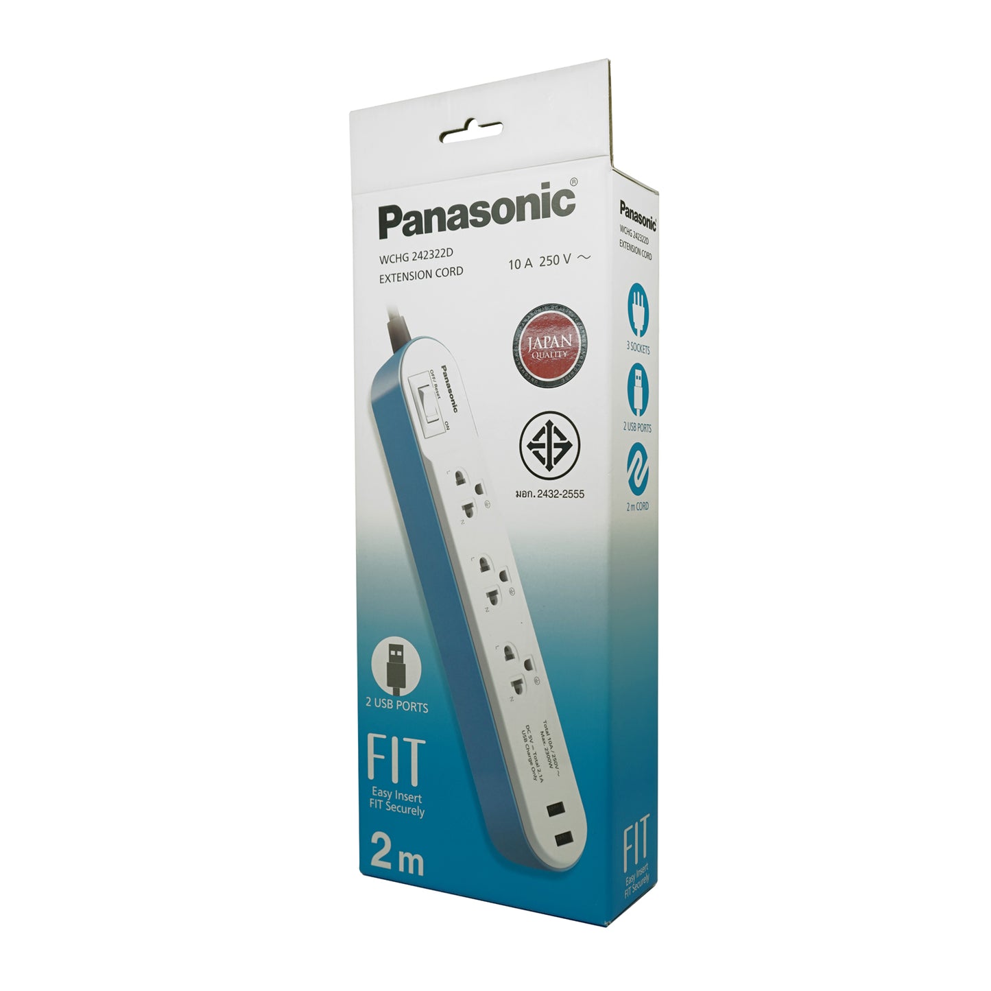Panasonic ปลั๊กพ่วง PERFECT FIT USB 2 Port ( สีฟ้า ) 3 เต้ารับ 1 สวิตช์คุมรวม