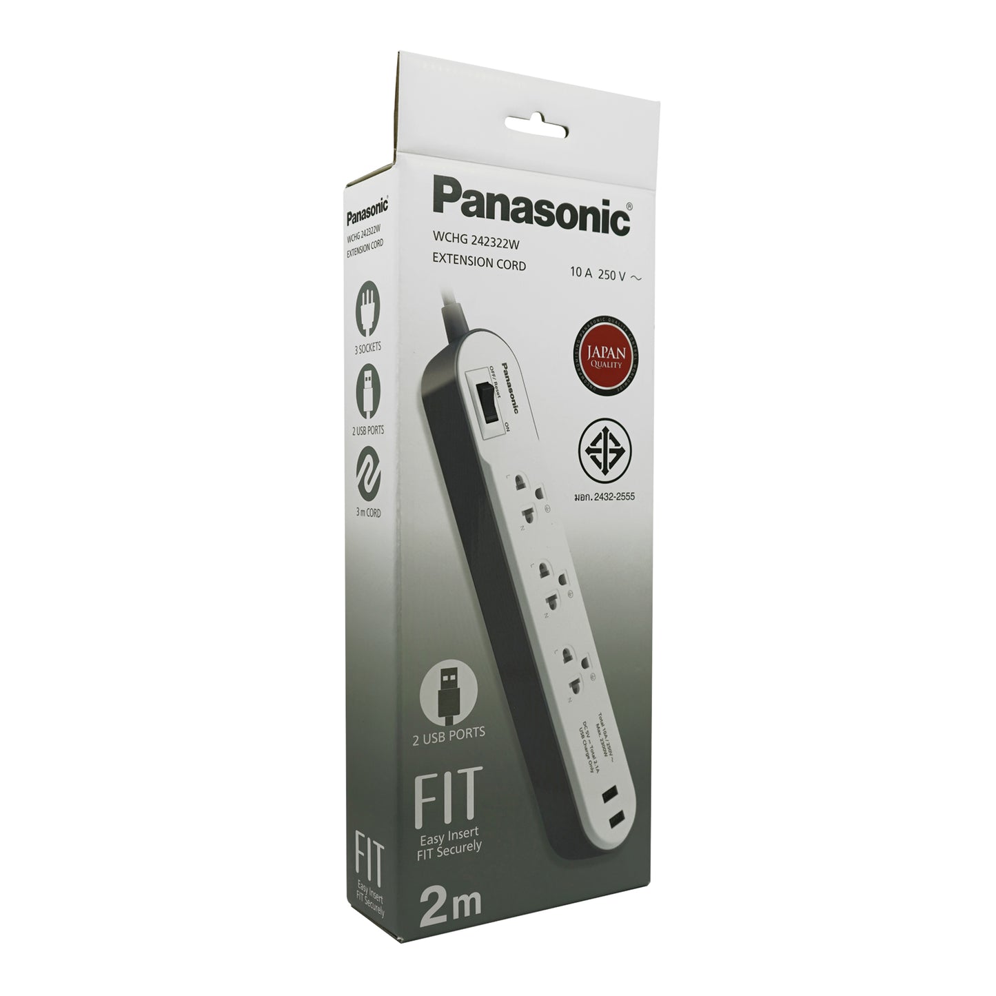 Panasonic ปลั๊กพ่วง PERFECT FIT USB 2 Port ( สีขาว ) 3 เต้ารับ 1 สวิตช์คุมรวม