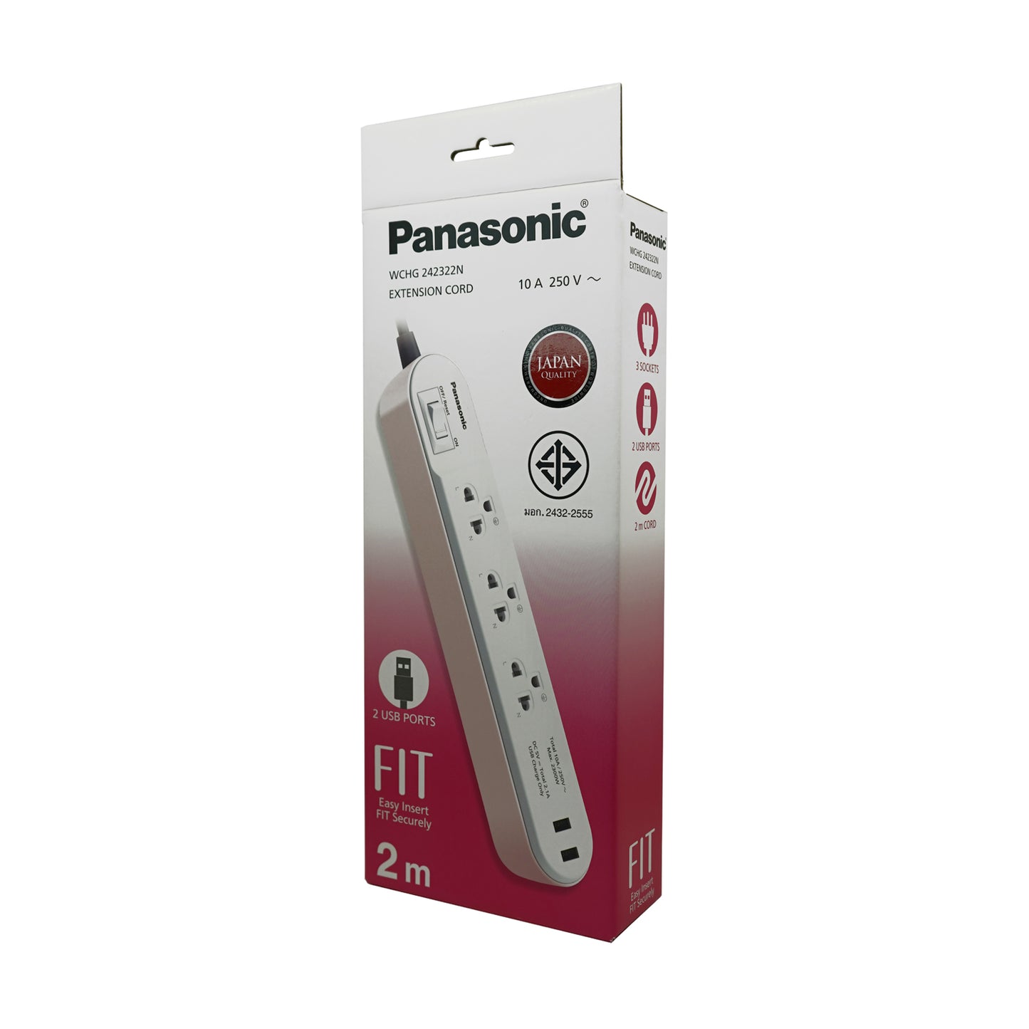 Panasonic ปลั๊กพ่วง PERFECT FIT USB 2 Port ( สีชมพู ) 3 เต้ารับ 1 สวิตช์คุมรวม