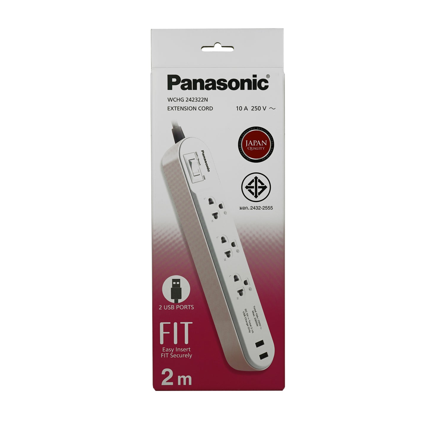 Panasonic ปลั๊กพ่วง PERFECT FIT USB 2 Port ( สีชมพู ) 3 เต้ารับ 1 สวิตช์คุมรวม