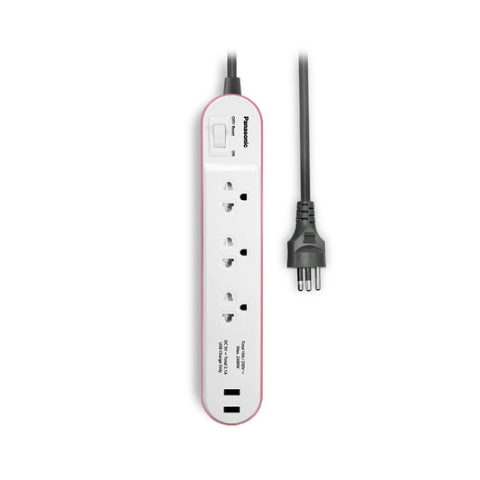 Panasonic ปลั๊กพ่วง PERFECT FIT USB 2 Port ( สีชมพู ) 3 เต้ารับ 1 สวิตช์คุมรวม