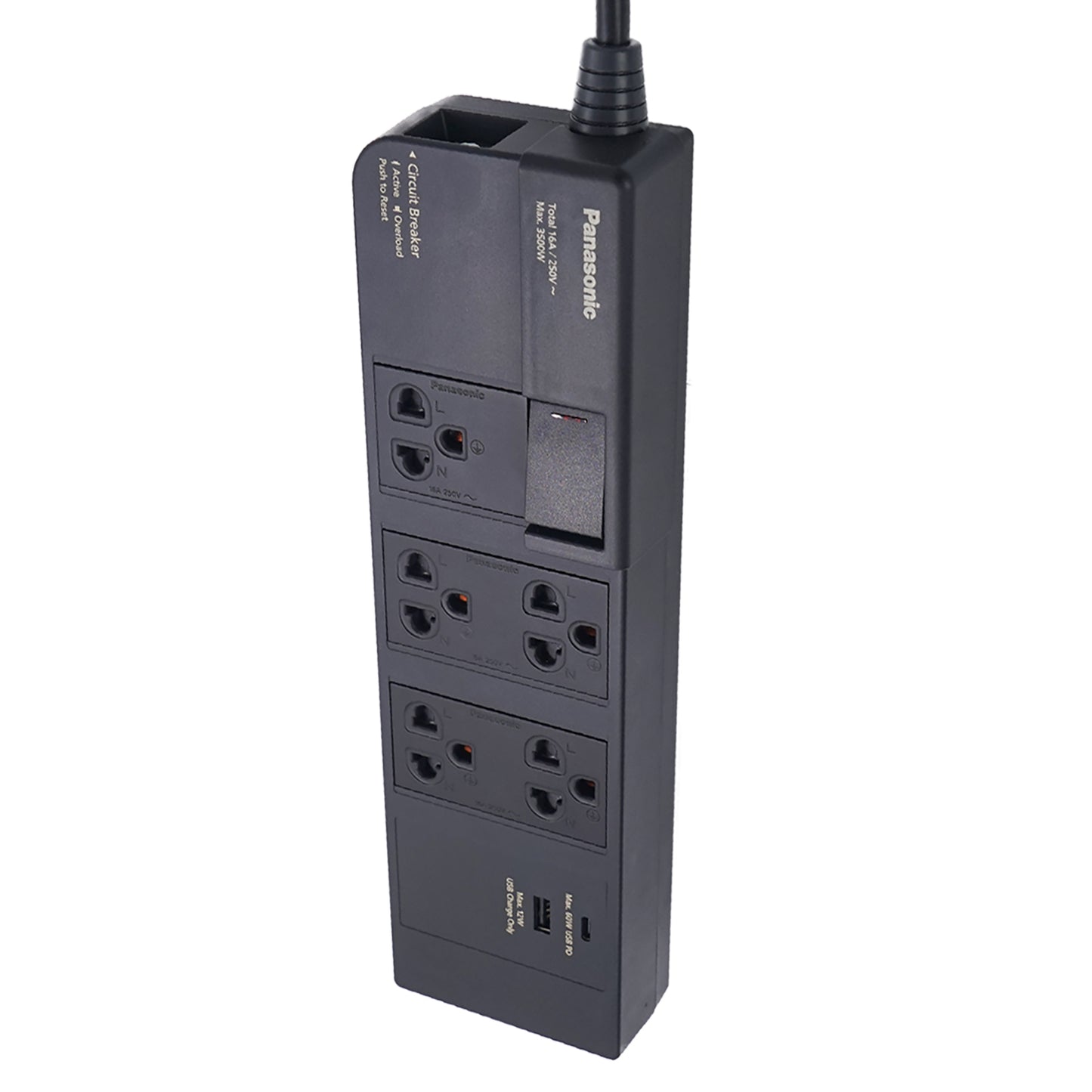 Panasonic WCHG283527B ปลั๊กพ่วงพานาโซนิค 16A 3500W 1 สวิตช์คุมรวม 5 เต้ารับ พร้อม USB-A+USB (PD) 60W