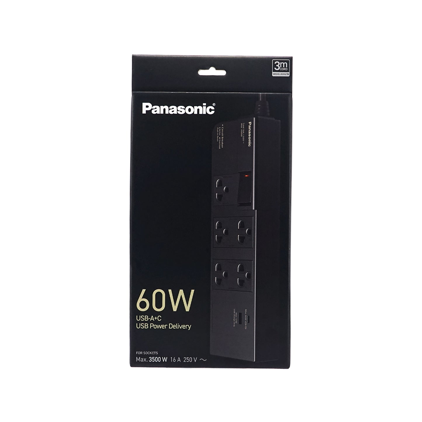 Panasonic WCHG283527B ปลั๊กพ่วงพานาโซนิค 16A 3500W 1 สวิตช์คุมรวม 5 เต้ารับ พร้อม USB-A+USB (PD) 60W