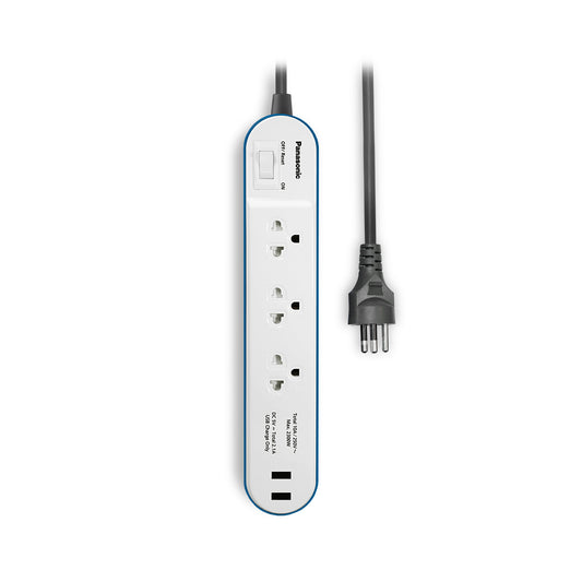 Panasonic ปลั๊กพ่วง PERFECT FIT USB 2 Port ( สีฟ้า ) 3 เต้ารับ 1 สวิตช์คุมรวม